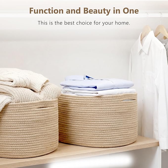 Cotton Rope Storage Basket, 15x10x9 Inches, Woven Basket for Shelves, Clothes, Towels, Books, and Laundry, Jute Brown (1 Pack)