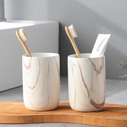 Brown Marble Toothbrush Holder - Ceramic Toothbrush Holder for Bathrooms, Toothbrush Toothpaste Holders, Marble Bathroom Tumbler Cups Reusable Toothbrush Mouthwash Cup, Bathroom Counter Organizer