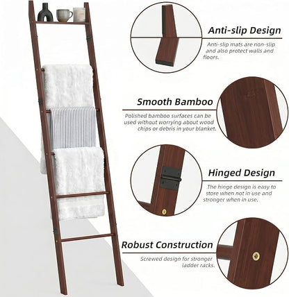 6 Tier Brown Blanket Ladder with Shelf, Wooden Blanket Rack for Living Room, Leaning Towel Ladder Rack for Bedroom, Bathroom, Quilts, Throws, Towels and Farmhouse Décor
