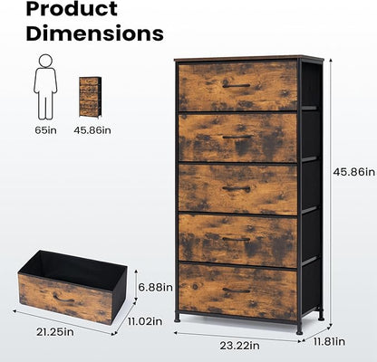 Crestlive Products Vertical Dresser Storage Tower - Sturdy Steel Frame, Wood Top, Easy Pull Fabric Bins - Wide Organizer Unit for Bedroom, Hallway, Entryway, Closets - 5 Drawers(Rustic Brown)