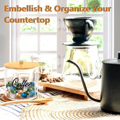 homicozy 2pcs Coffee Pod Holder with Bamboo Lid, 5in & 6in Clear Countertop Storage for Coffee Capsules, K Cup Organizer for Keurig/Nespresso, coffee filter holder, Coffee Bar Accessories