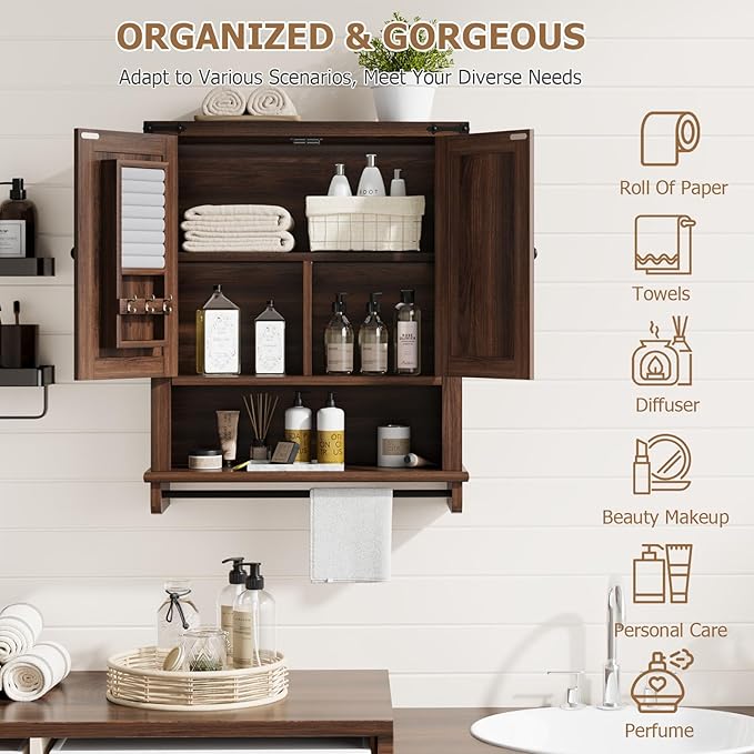 QUW Farmhouse Bathroom Wall Cabinet, Modern Medicine Cabinets with Towel Bar & Jewelry Holder, Over The Toilet Storage Cabinet with Barn Door for Laundry, Living Room, Hallway, Dark Walnut