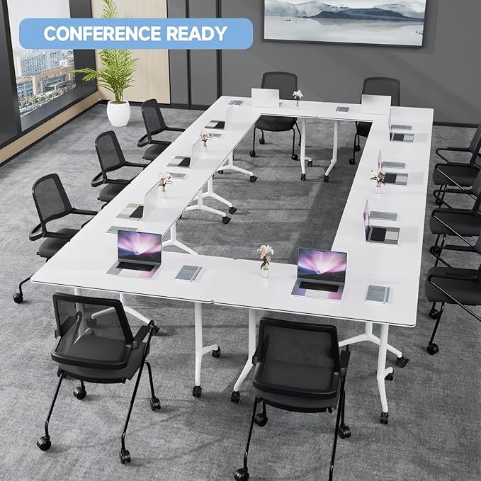 6pcs 70.9 Inch Folding Conference Table with Silent Wheels,Mobile foldable Flip Top Rectangular Meeting Tables for Office Training classroom,Locking Rolling Modular White Desk for Space Saving