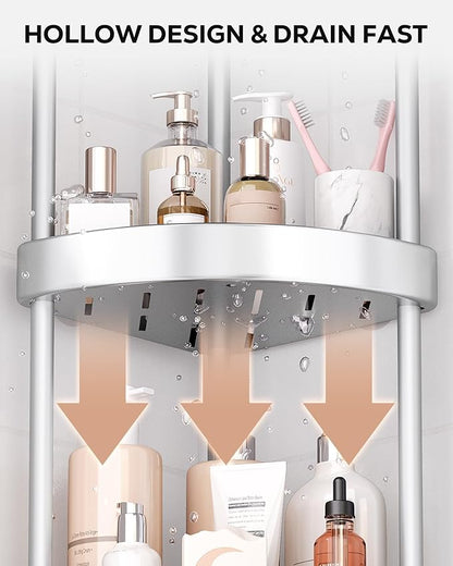 Nieifi Corner Shower Caddy Stand-5 Tier Rustproof Anodized Aluminum Standing Shower Organizer-Shower Caddy Corner-Dual Stability to Anti-Shaking-Height-Adjustable Legs for Uneven Surfaces-Silver