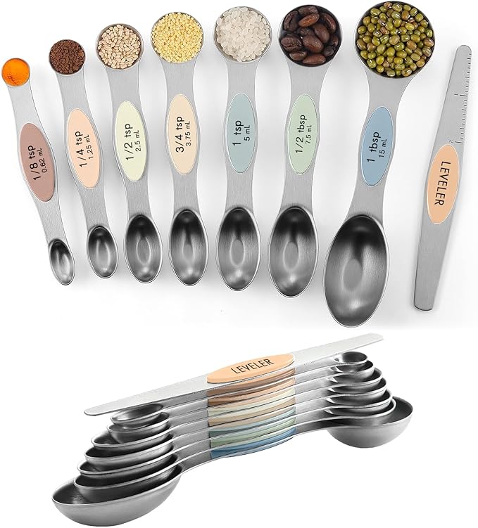 ChefAide Pack of 8 Stainless Steel Magnetic Measuring Spoons Set, Dual Sided, Stackable, Adjustable Teaspoon and Tablespoon Measure Spoon with Leveler, Kitchen Gadgets