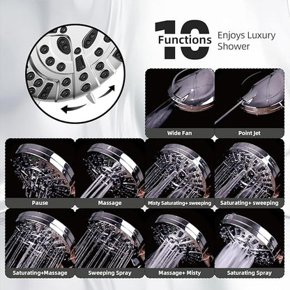 Shower Head,10 Functions High Pressure shower head with handheld, Built-in Pause Mode & Power Wash, Non-Clogging Nozzles High Flow Hand Held Shower Head, Leakproof 6ft Hose&Adjustable Bracket