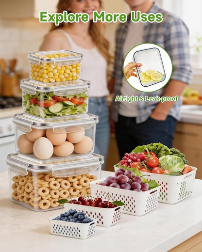 TBMAXS 4 Pack Food Storage Containers Fruit Containers for Fridge with Colander Airtight BPA Free Plastic Berry Keeper Container Produce Saver Vegetables Keep Fresh