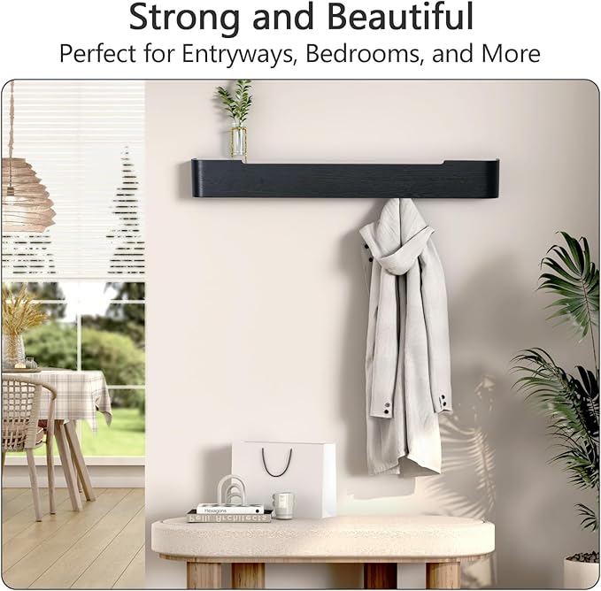 Coat Rack Wall Mount with Shelf 8 Hidden Hooks Modern Wooden Key Holder Entryway Organizer for Hallway Bedroom Bathroom Home Decor Storage for Hanging Coats Hats Bags Towels, Black