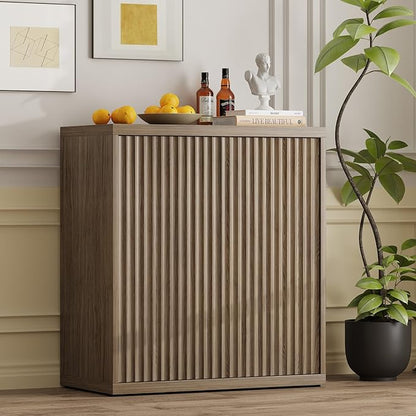 31” Sideboard Cabinet with Storage, Fluted Accent Cabinet with Adjustable Shelves, Modern Wood Credenza Cabinets with Pop-up Doors for Entryway Kitchen Living Room Hallway, Brown