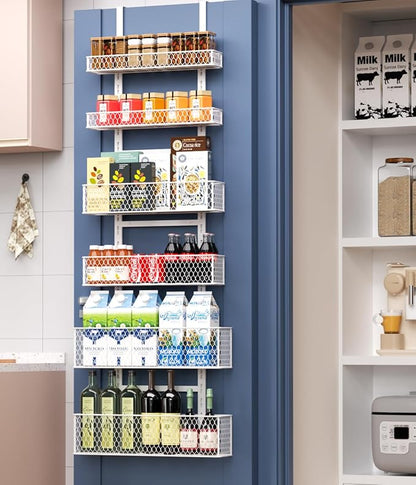 6-Tier Over The Door Pantry Organizer,Hanging Spice Rack,Grid Basket,White | Height Adjustable,Large Capacity,Grid Base for Stable Stoage,For Pantry Door,Laundry Room,Bathroom,Kitchen,D5.3xW15.7xH60.9in
