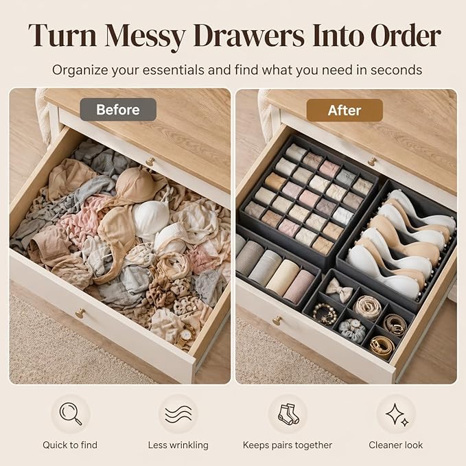 Drawer Organizer Clothes Set, 4 Pack Foldable Dresser Closet Dividers (6/8/7/24-Cell), Non-Woven Underwear & Sock Drawer Organizer, Bra/Tie/Belt Storage Bins (Dark Grey)