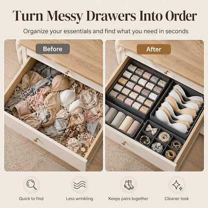Drawer Organizer Clothes Set, 4 Pack Foldable Dresser Closet Dividers (6/8/7/24-Cell), Non-Woven Underwear & Sock Drawer Organizer, Bra/Tie/Belt Storage Bins (Dark Grey)