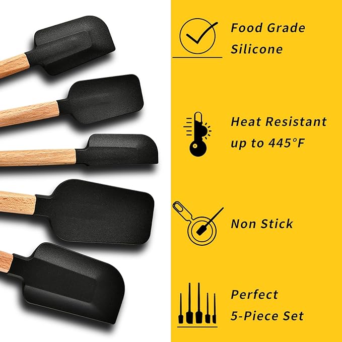 2016 New Year Healthy Cooking, 5 Pieces Silicone Scraper Set - Non-Stick Kitchen Scraper Tools, Heat Resistant up to 600°F, Food Grade Baking Utensils, for Cooking, Stirring, Piping - Black