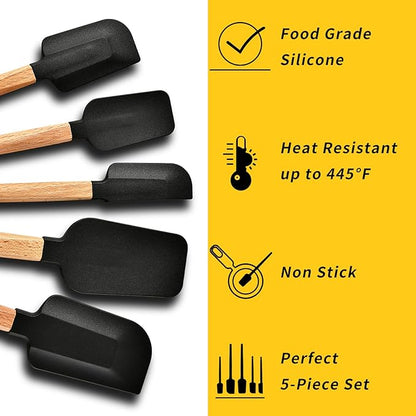 2016 New Year Healthy Cooking, 5 Pieces Silicone Scraper Set - Non-Stick Kitchen Scraper Tools, Heat Resistant up to 600°F, Food Grade Baking Utensils, for Cooking, Stirring, Piping - Black