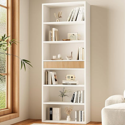 7-Tier Bookshelf with Storage, 72" Tall Bookcase with Drawer, Display Book Shelf Book Organizer with Anti-tip Device, Home Decor Wood Furniture for Office, Bedroom, Living Room, White