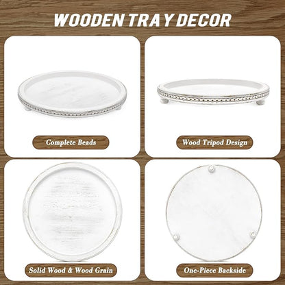 Handmade 12 Inch Decorative Tray, Small Beaded Tray Coffee Table Decor, White Washed Round Wooden Tray for Coffee Table, Dining Room Table Entryway and Living Room