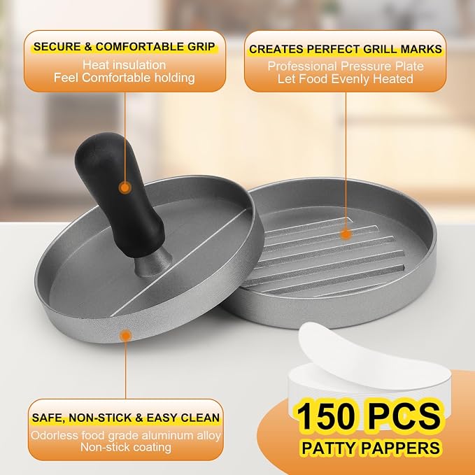 TACGEA Burger Press 150 Patty Papers, Non-Stick Hamburger Patty Maker with Wax Paper, Aluminum Burger Maker for Kitchen BBQ Grill