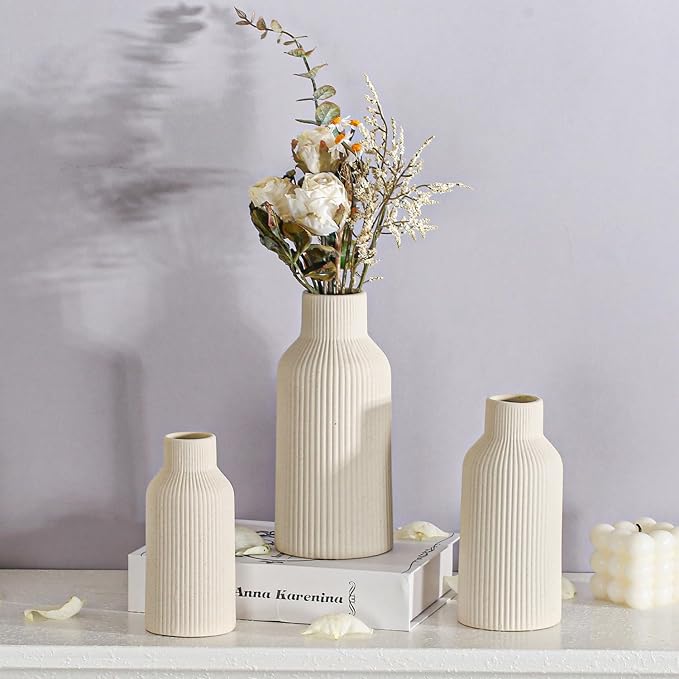 Bohemian Beige Ceramic Vase - for Pampas Grass, Mantel, Bookshelf, Entryway and Living Room Decor (Beige, Set of 3)
