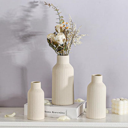 Bohemian Beige Ceramic Vase - for Pampas Grass, Mantel, Bookshelf, Entryway and Living Room Decor (Beige, Set of 3)