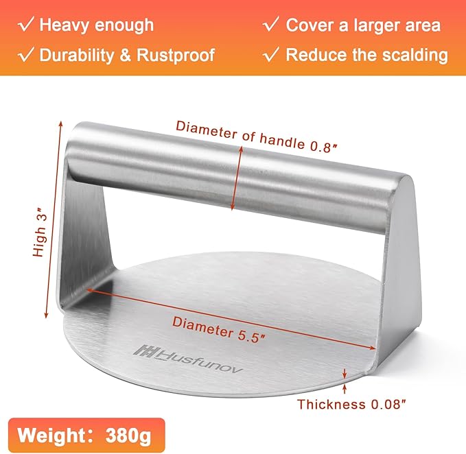 Husfunov Stainless Steel Burger Press, 5.5 Inch Round Smasher,Non-Stick Smooth Hamburger Press,Flat Bottom Without Ridges, for Cooking Burgers, Bacon, Ground Beef, Meats, Sausage and So On