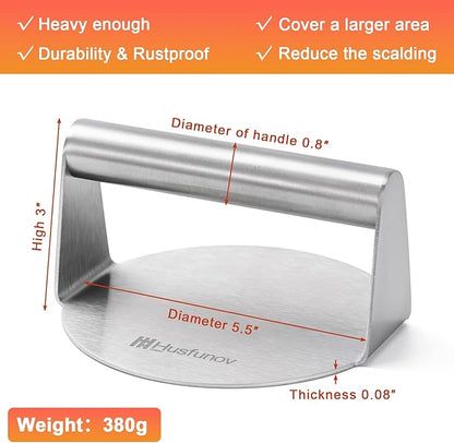 Husfunov Stainless Steel Burger Press, 5.5 Inch Round Smasher,Non-Stick Smooth Hamburger Press,Flat Bottom Without Ridges, for Cooking Burgers, Bacon, Ground Beef, Meats, Sausage and So On