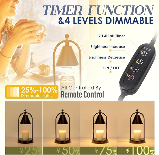 Candle Warmer Lamp with Timer, Electric Black Candle Warming Light for Bedroom, Dimmable Wax Melts Warmer for Home Decor Beside Lamp Gifts for Women (2 Bulbs Included)