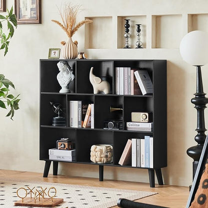 LEYAOYAO 10 Cube Bookshelf,3 Tier Modern Wide Bookcase with Legs,Mid-Century Wood Bookshelves Storage，Black Large Book Case,Freestanding Organizer Display Shelf for Bedroom,Living Room,Office