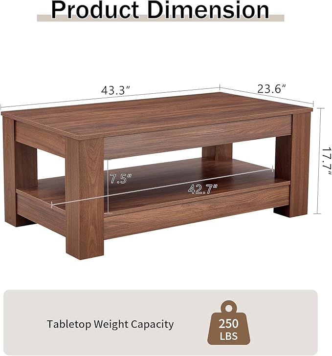 LKTART 43.3" Coffee Table with Storage, 2-Tier Mid Century Rectangular Accent Table with Thick Tabletop, Rustic Style Cocktail, Center Table for Living Room, Office, Apartment (Walnut)