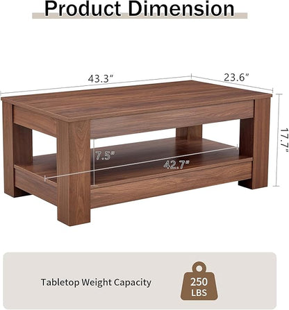 LKTART 43.3" Coffee Table with Storage, 2-Tier Mid Century Rectangular Accent Table with Thick Tabletop, Rustic Style Cocktail, Center Table for Living Room, Office, Apartment (Walnut)