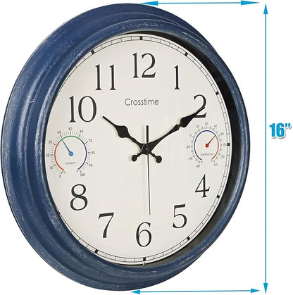 16 Inch Large Outdoor Clock with Thermometer & Hygrometer – Vintage Blue Coastal Decor Waterproof Wall Clock for Patio, Pool, Garden, Backyard