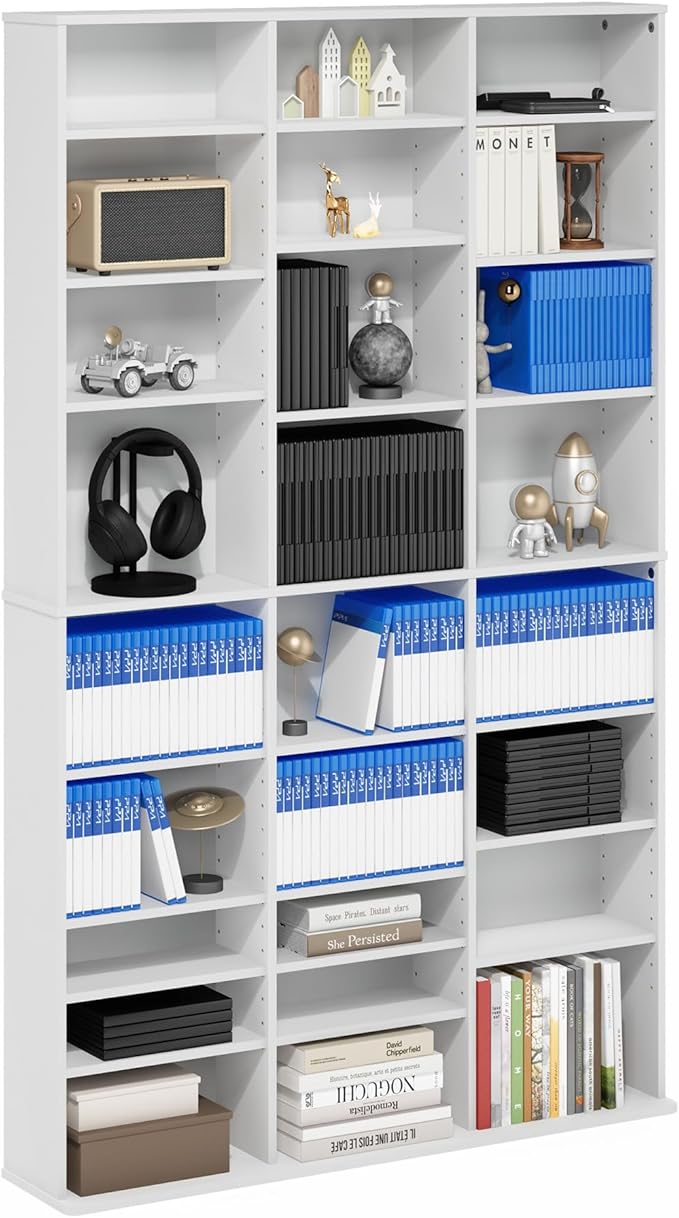 Furinno Jaya DVD Shelf, 24-Shelf Wide CD Rack, Media Shelf with Adjustable Shelves, 8 x 3 DVD Storage Cabinets for CD Blueray Game Disc, Easy Assembly, for Living Room, Home Office, White