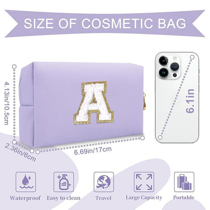 Personalized Makeup Bag Initial A-Z Preppy Patch Bag,Small PU Leather Travel Cosmetic Bag Pouch with Zipper,Purple Cute Toiletry Bag,Gift Ideal for Teen Girls Women Birthday Friend Mom,Latter A