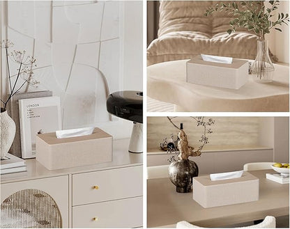 GOLRANLYE Tissue Box Cover Rectangular 9.8"(L) x 5.3"(W) x 4.3"(H) Refined Modern PU Leather Facial Tissue Dispenser Box Holder for Dresser Bathroom Decorative (Beige)