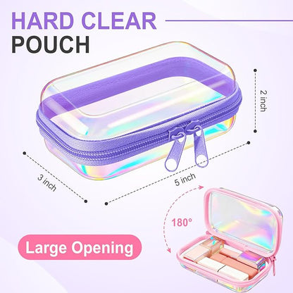 Sanwuta 6 Pcs Clear Hard Zipper Case Plastic Zipper Pouches Transparent Makeup Bag Pencil Case Pouches Toiletry Diaper Bag for Travel Toy Storage Organizer Bins(Holographic,5 x 3 x 2 Inch)