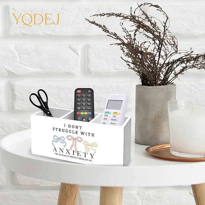 Coquette Bow Mental Health Pen Holder for Desk Accessories, Anti Anxiety Gifts Wooden Box Sign Desk Pencil Holder Organizer for Home Office Decoration, Anxiety Relief Gifts