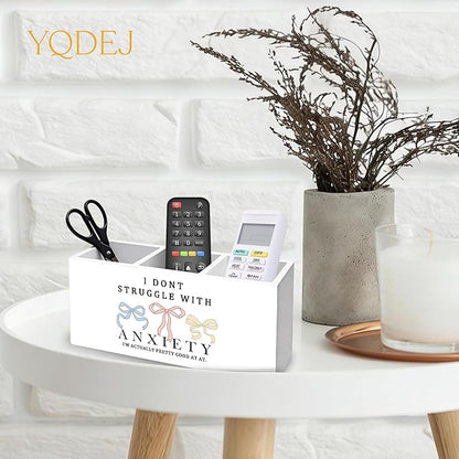 Coquette Bow Mental Health Pen Holder for Desk Accessories, Anti Anxiety Gifts Wooden Box Sign Desk Pencil Holder Organizer for Home Office Decoration, Anxiety Relief Gifts