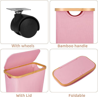 Slim Laundry Basket with Wheels,Narrow Hampers for Laundry,Freestanding Laundry Hamper with Lid&Bamboo Handles,Collapsible & Waterproof Tall Cloth Hamper for Dorm Family(60L Pink)