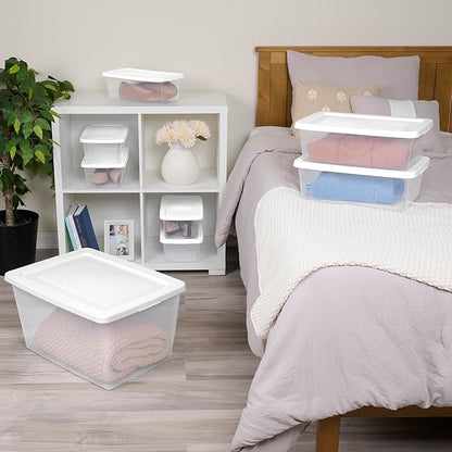 Sterilite 32 Pack Storage Box, 20 Quart Stackable Tote, Clear Plastic Container with Secure Snapping Lids for Home and Office Organization, White