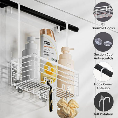 SHANSHUI Shower Hanging Caddy, Bathroom Shower Organizer Basket, Shampoo Bracket, Over Door Showers Rack with Hooks, 304 Stainless Steel Rustproof White