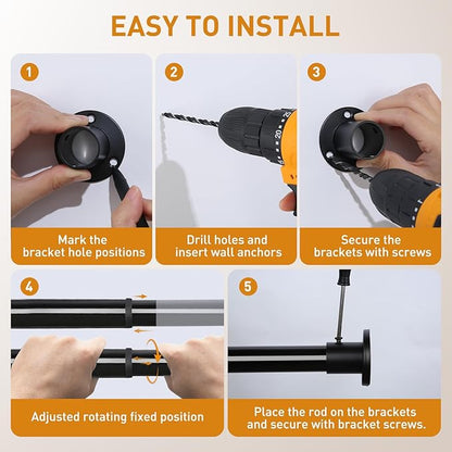 Black Adjustable Closet Rod 18-92 Inches, Heavy Duty Metal Clothes Hanging Rod, Rust-Proof Non-Slip Wardrobe Bar for Closet, Laundry Room, RV