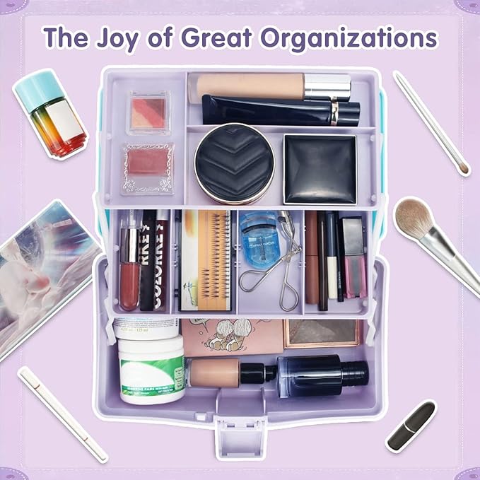 TERGOO 12in 3-Layer Plastic Craft Organizers and Storage, Portable Folding Tackle Box with Handle & Adjustable Dividers, Multipurpose Case for Sewing, Art Supplies, Medicine, Tools (Purple Blue)