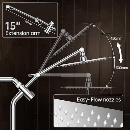 Veken All Metal 10" Shower Head with Handheld, Luxurious Square Double Rain Shower Heads with Spray Combo, Dual High Pressure Detachable Rainfall Showerhead with Extension Arm, Long Hose,Chrome,Sliver