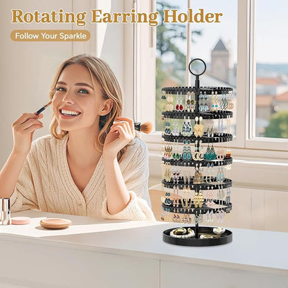 MODOWEY 6 Tier Rotating Earring Holder Organizer Display Tree with Metal Tray, Adjustable Plastic Stand with 342 Slots for Stud Hoop Hanger, Large Capacity Storage Rack for Women Space Saving, Black