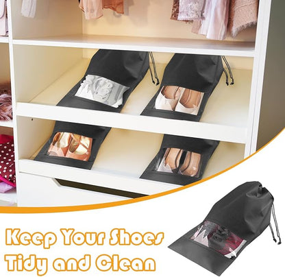 Large Black Travel Shoe Bags - 5 Pcs with Clear Window, Non-Woven Drawstring, 12.6" X 17.3" for Men Women