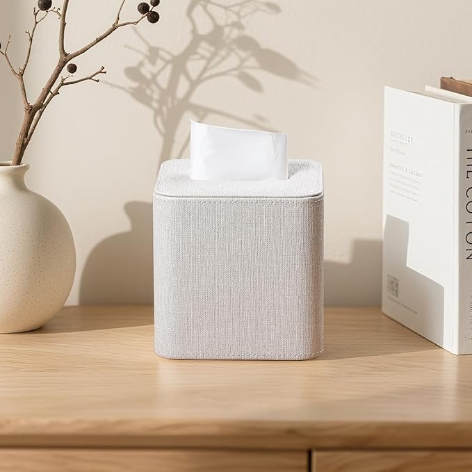 Cretkhp Square Linen Tissue Box Cover with Magnetic Closure, Modern PU Leather Tissue Box Holder for Bathroom Vanity NightStands Bedroom Office Desk, Stylish Cube Tissue Holder