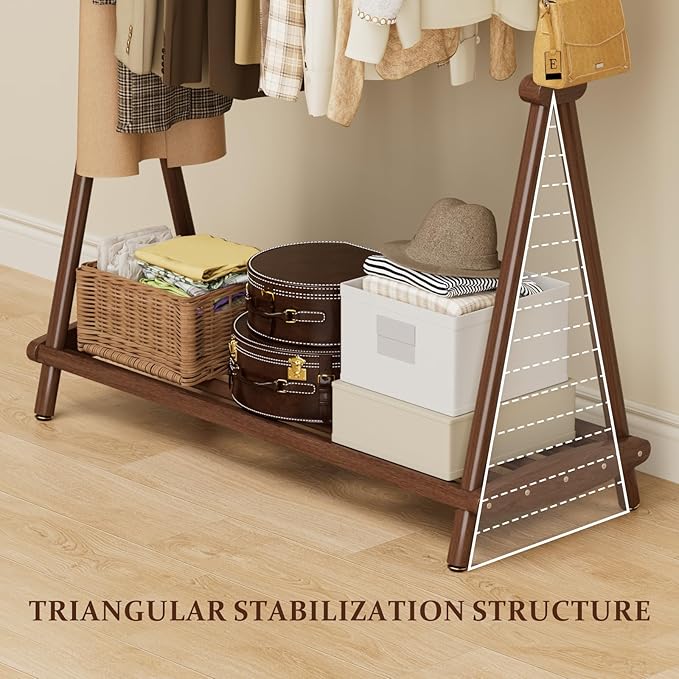 Solid Wood Clothes Rack with Wheels,Freestanding Garment Rack & Coat Tree,Extra-Long 42.5" Hanging Rod, Double Storage Shelves for Bedroom, Entryway, Hallway