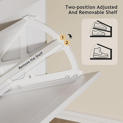 EOYUTLLY Shoe Cabinet Storage for Entryway, Narrow Shoe Rack Cabinet with 3 Flip Drawers & Coat Rack, Hidden Shoe Storage Cabinet, 2-in-1 Hall Tree Slim Freestanding Shoe Rack Organizer, White