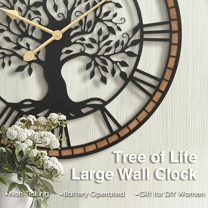 Micasso Non-Ticking Large Wall Clock: 30Inch Tree of Life Metal Black with Solid Wood Frame - Battery Operated Silent Clock for Office/Bedroom/Kitchen - Idea for Fashion-Conscious