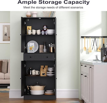 Kitchen Pantry Storage Cabinet, 71" H Farmhouse Pantry Cabinet with 4 Doors & Drawer, Freestanding Cupboard with Adjustable Shelves, Rustic Wood Cupboard for Kitchen, Dining Room, Black