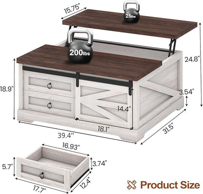 Itaar 39.4'' Lift Top Coffee Table with Storage, Farmhouse Coffee Tables for Living Room, Square Coffee Table with Large Hidden Compartment & 2 Drawers & Adjustable Shelves, Vintage White+Walnut
